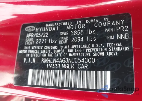 2022 Hyundai Elantra Sel z USA, uszkodzony, nr VIN KMHLN4AG8NU354300